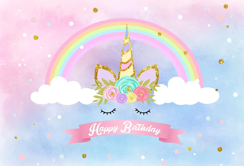 

7x5FT 3 Style Rainbow Clouds Sky Unicorn Horn Flowers Happy Birthday Custom Photo Studio Backdrop Background Vinyl 220cm x 150cm