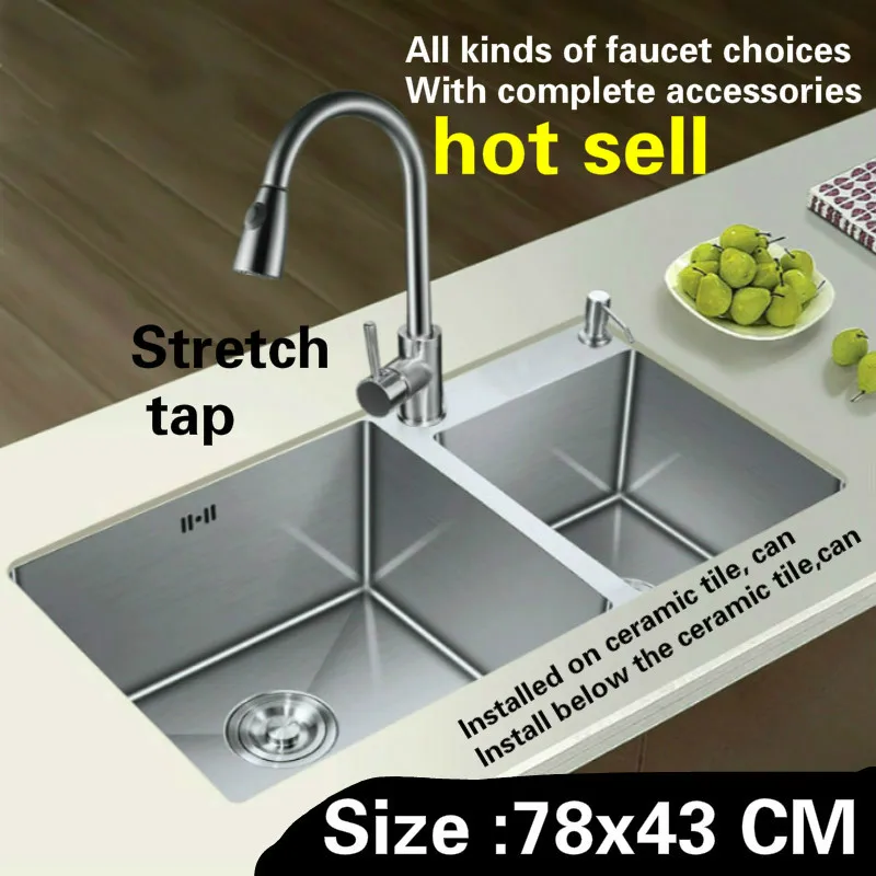 

Free shipping hand made of 304 stainless steel kitchen sink stretch tap thickening double groove durable hot sell 780x430 MM