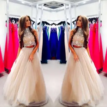 Sparkly Champagne High Neck Tulle Two Piece Set Prom Gown Crystal Beaded Tops Long Wedding Party Dress
Sparkly Champagne High Neck Tulle Two Piece Set Prom Gown Crystal Beaded Tops Long Wedding Party Dress