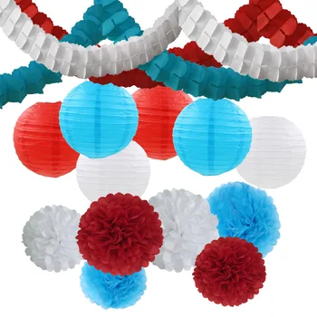 

Dr Seuss Party Decor Kit 15PCS Turquoise White Red Tissue Paper Pom Pom + Streamers Garland + Paper Lantern Wedding Baby Shower