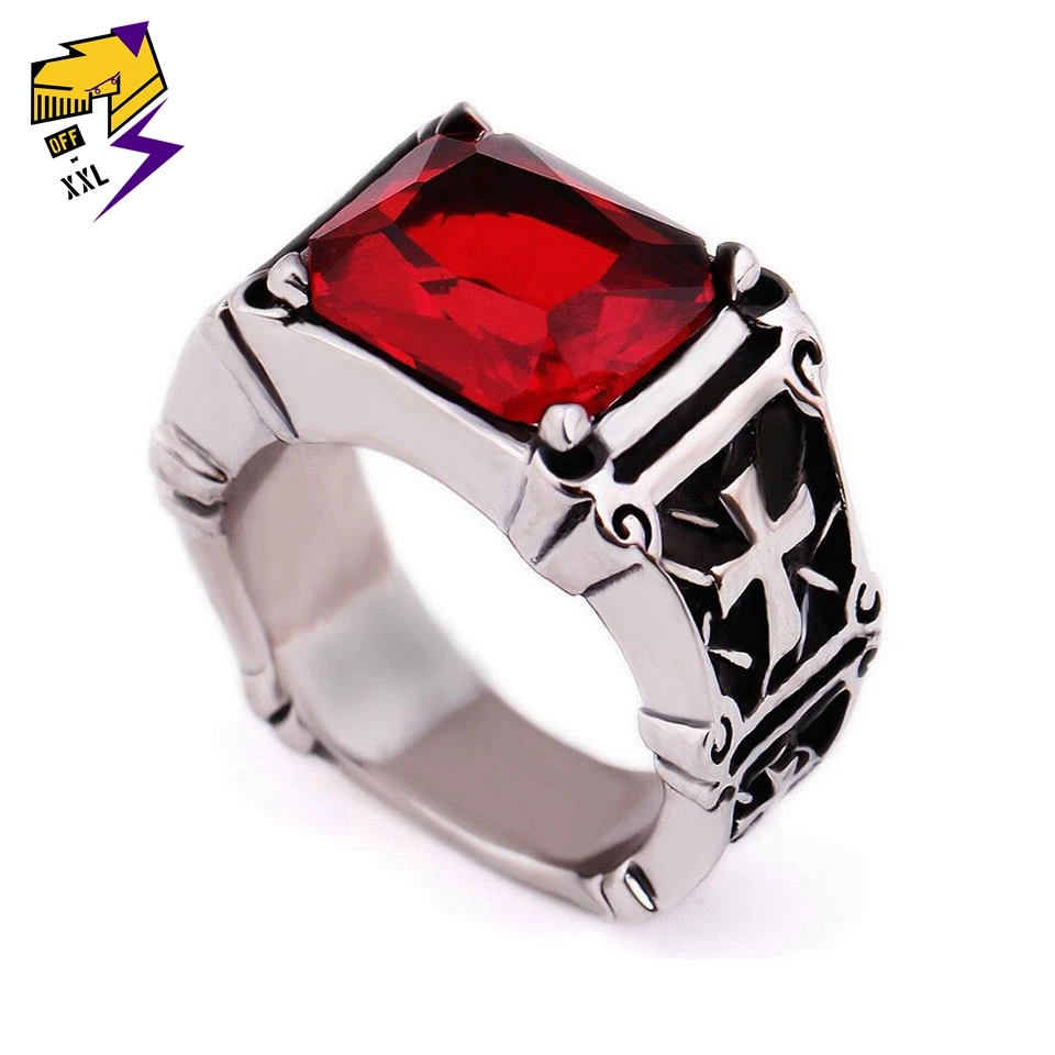 Фото Male Stainless Steel Carved Cross Rings Antique Silver Rectangle Big Red Stone Ring Religious Punk Wedding Fashion Jewelry | Украшения и