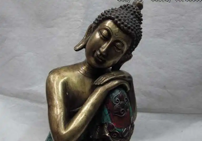 Tibet Pure Bronze Copper Gild inlay Ruby beryl Rest Meditation Sakyamuni Buddha