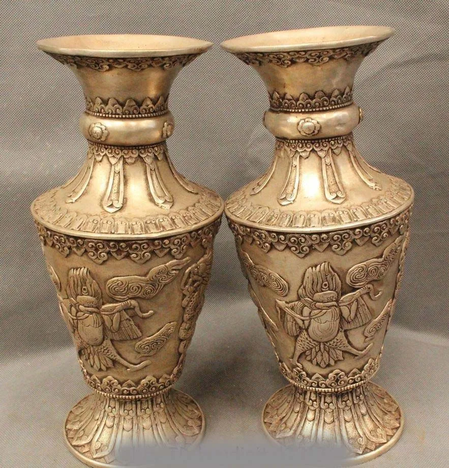 11"China Chinese Dynasty Silver Lucky Fu Lu Shou Buddha Flower Bottle Vase Pair
11"China Chinese Dynasty Silver Lucky Fu Lu Shou Buddha Flower Bottle Vase Pair