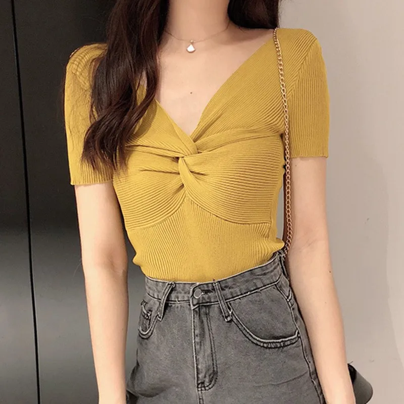 Summer Knitted Sexy T-Shirt Short Sleeve Women T Shirt Fashion V Neck Top Tee Female Shirt
Summer Knitted Sexy T-Shirt Short Sleeve Women T Shirt Fashion V Neck Top Tee Female Shirt