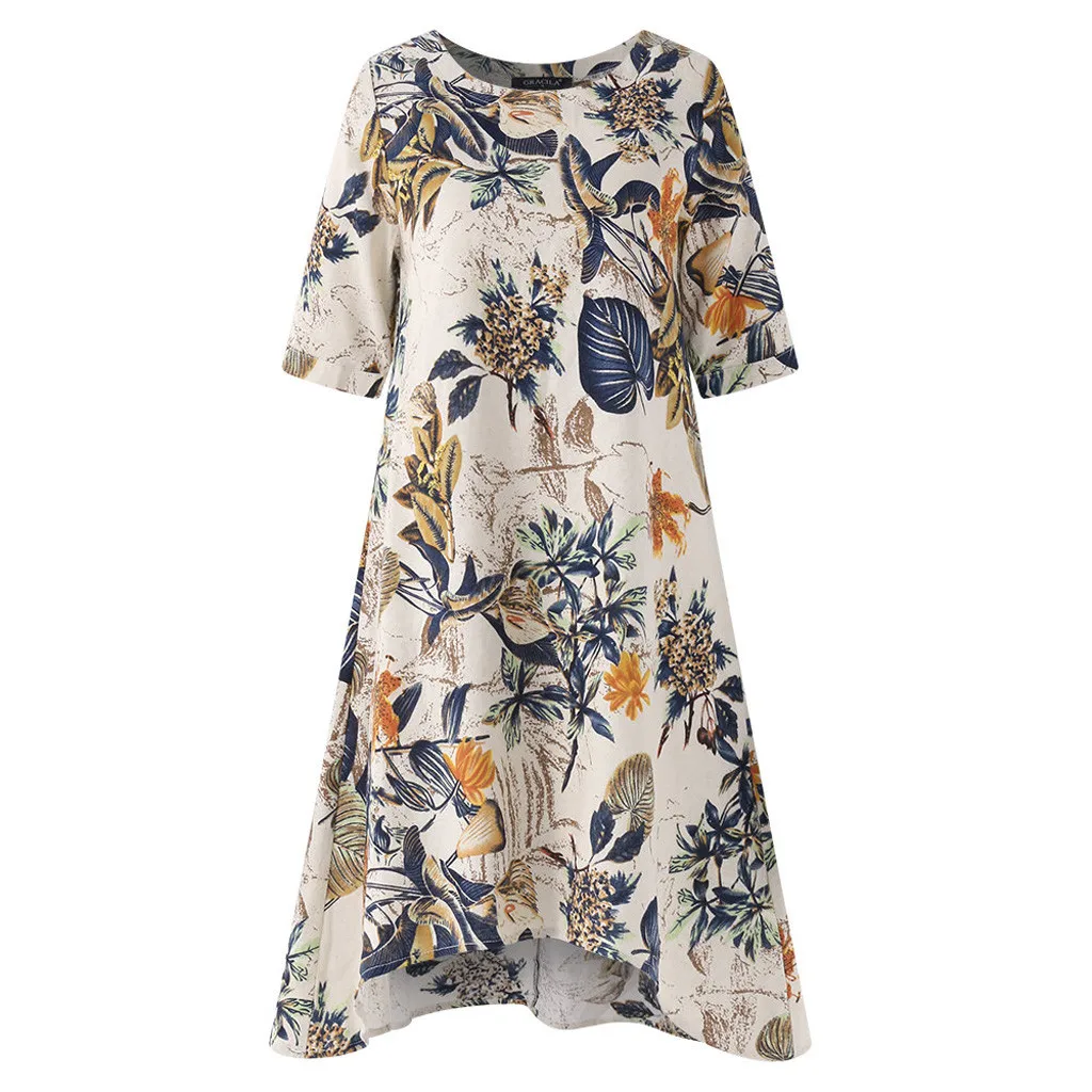 

CHAMSGEND Dress Women Short Sleeve Loose Linen Dresses Casual Floral Printed O-Neck Short Vestido Irregularity Plus Size 14DEC30