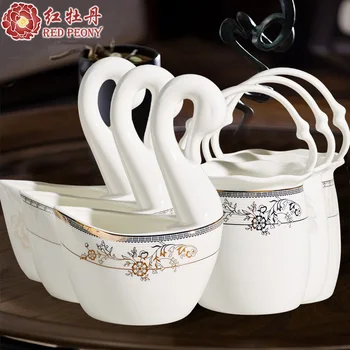 

Red peony Tangshan bone china tableware suit accessories Swan basket frame spoon chopsticks cage placed porcelain spoon