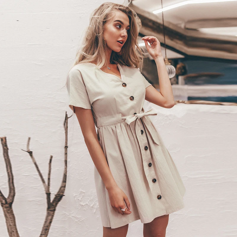 Summer Cotton Linen Single Breasted Mini Beach Sundress Short Sleeves V Neck Simple Loose Short Dress Sashes Office Lady Dress
Summer Cotton Linen Single Breasted Mini Beach Sundress Short Sleeves V Neck Simple Loose Short Dress Sashes Office Lady Dress