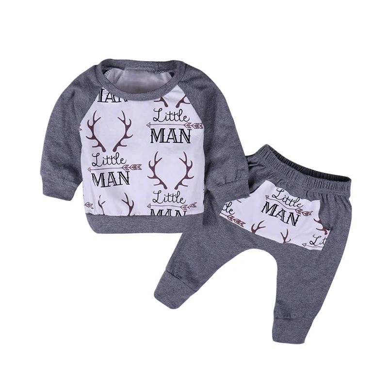 2019 New Grey Baby Clothes Suits Christmas Deer Little Man Print Shirt Pants 2Pcs/Sets Cotton Casual Kids Boy Girl Sport Outfits | Детская
