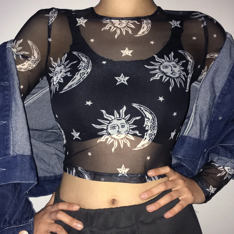 2019 Black Printed Tshirt Women See Trough Transparent Mesh Long Sleeve Crop Top Tees Streetwear Ladies T Shirt Sexy Party Club
2019 Black Printed Tshirt Women See Trough Transparent Mesh Long Sleeve Crop Top Tees Streetwear Ladies T Shirt Sexy Party Club