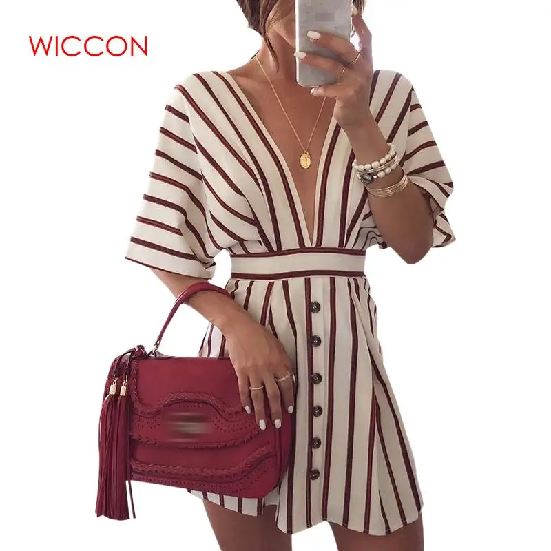 2019 Spring Elegant Fashion Striped Dress Sexy Deep V-Neck Batwing Sleeve Short Sleeved Button Vintage Casual Female Vestidos
2019 Spring Elegant Fashion Striped Dress Sexy Deep V-Neck Batwing Sleeve Short Sleeved Button Vintage Casual Female Vestidos