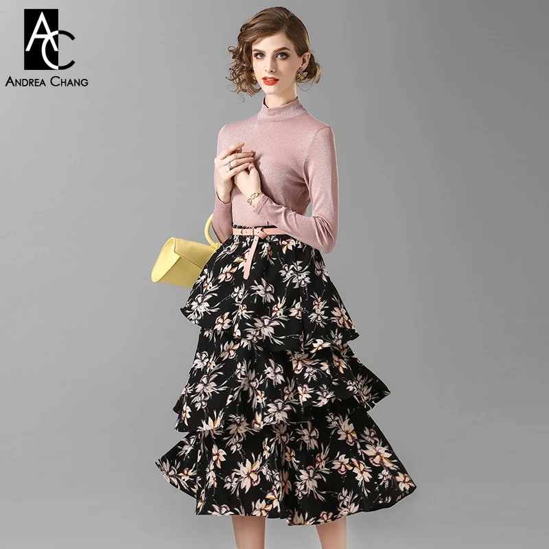 spring autumn woman clothing set pink sweater blouse + beige floral pattern print cascading ruffled calf length black skirt suit
spring autumn woman clothing set pink sweater blouse + beige floral pattern print cascading ruffled calf length black skirt suit