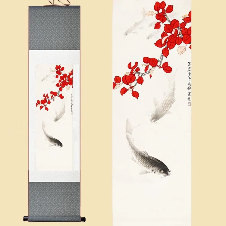 Chinese Silk Watercolor Original rich Fish carp Red leaves Feng Shui ink art wall picture damask framed scroll canvas painting
Chinese Silk Watercolor Original rich Fish carp Red leaves Feng Shui ink art wall picture damask framed scroll canvas painting