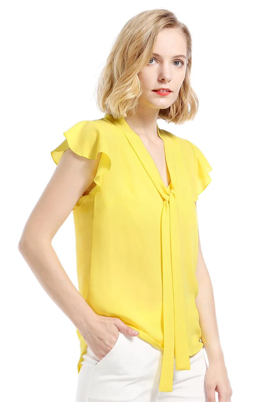 Gladiolus 2018 Summer Chiffon Blouse Women Lace Up V-Neck Butterfly Sleeve Yellow Slim Fashion Women Blouse Shirt Elegant Tops (9)