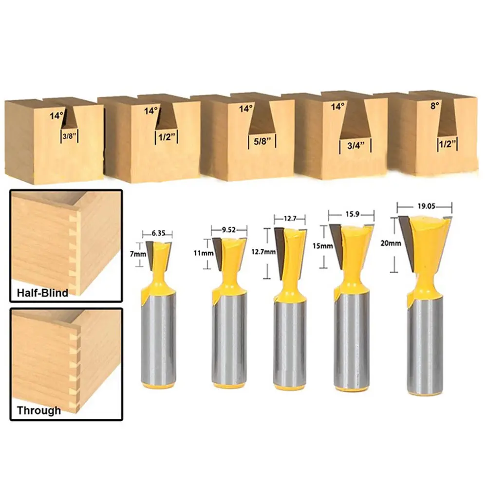 5Pc 8 degree and 14 degree Dovetail Joint Router Bit Set 1/2" 3/8" 5/8" 3/4" - 1/2" Shank Woodworking Milling cutter tools
5Pc 8 degree and 14 degree Dovetail Joint Router Bit Set 1/2" 3/8" 5/8" 3/4" - 1/2" Shank Woodworking Milling cutter tools