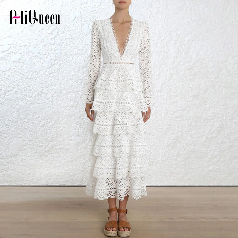 High Quality Runway Women Dress 2019 Spring Autumn Women Sexy Elegant V-neck Long Sleeve Layer White Hollow Out Lace Long Dress
High Quality Runway Women Dress 2019 Spring Autumn Women Sexy Elegant V-neck Long Sleeve Layer White Hollow Out Lace Long Dress