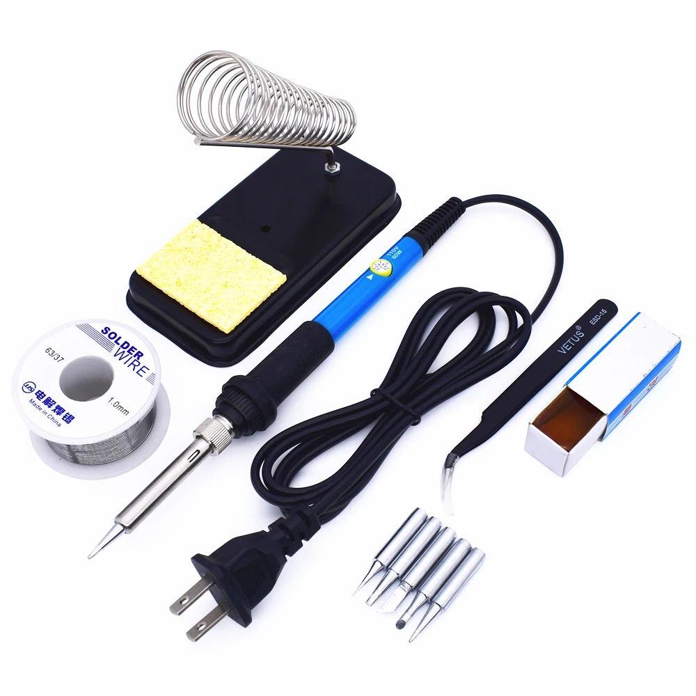 

60W 110V US Plug Electric Soldering Iron Kit Adjustable Temperature Pen Welding Gun Tool Set with 5 Tips Iron Stand Solder Wire