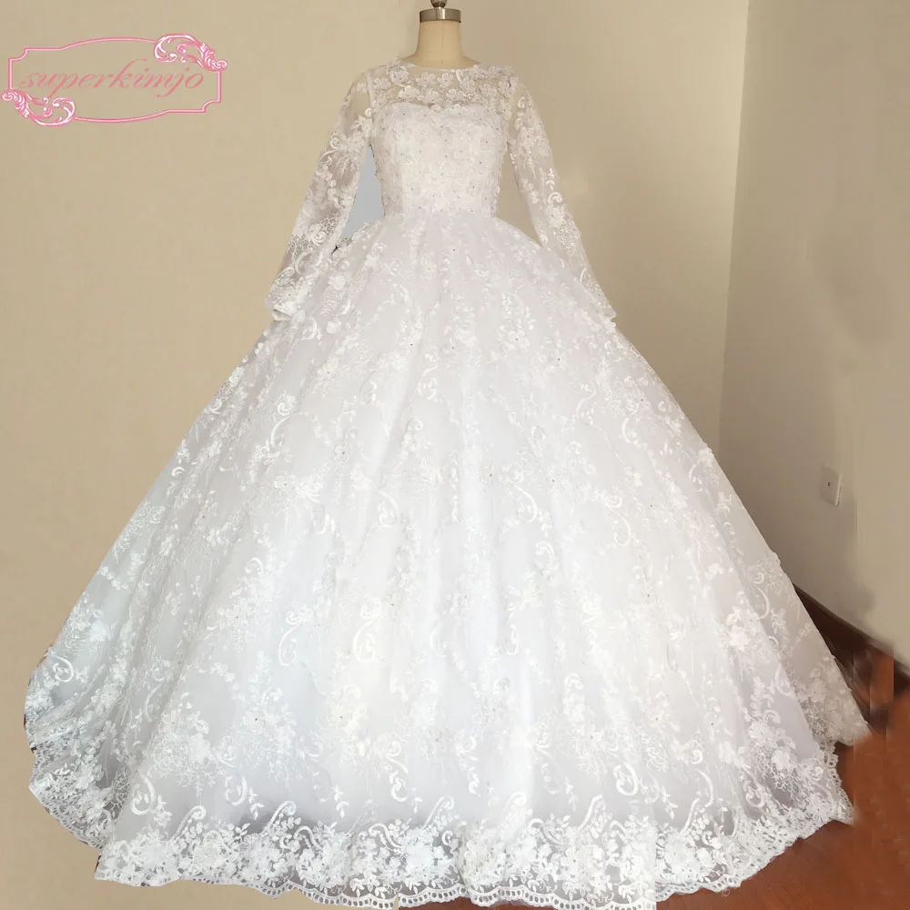 

Custom Make 2020 Bridal Dress Lace Sheer Crew Neckline Hand Made Flowers Long Sleeve Ball Gown Wedding Dresses Real Picture