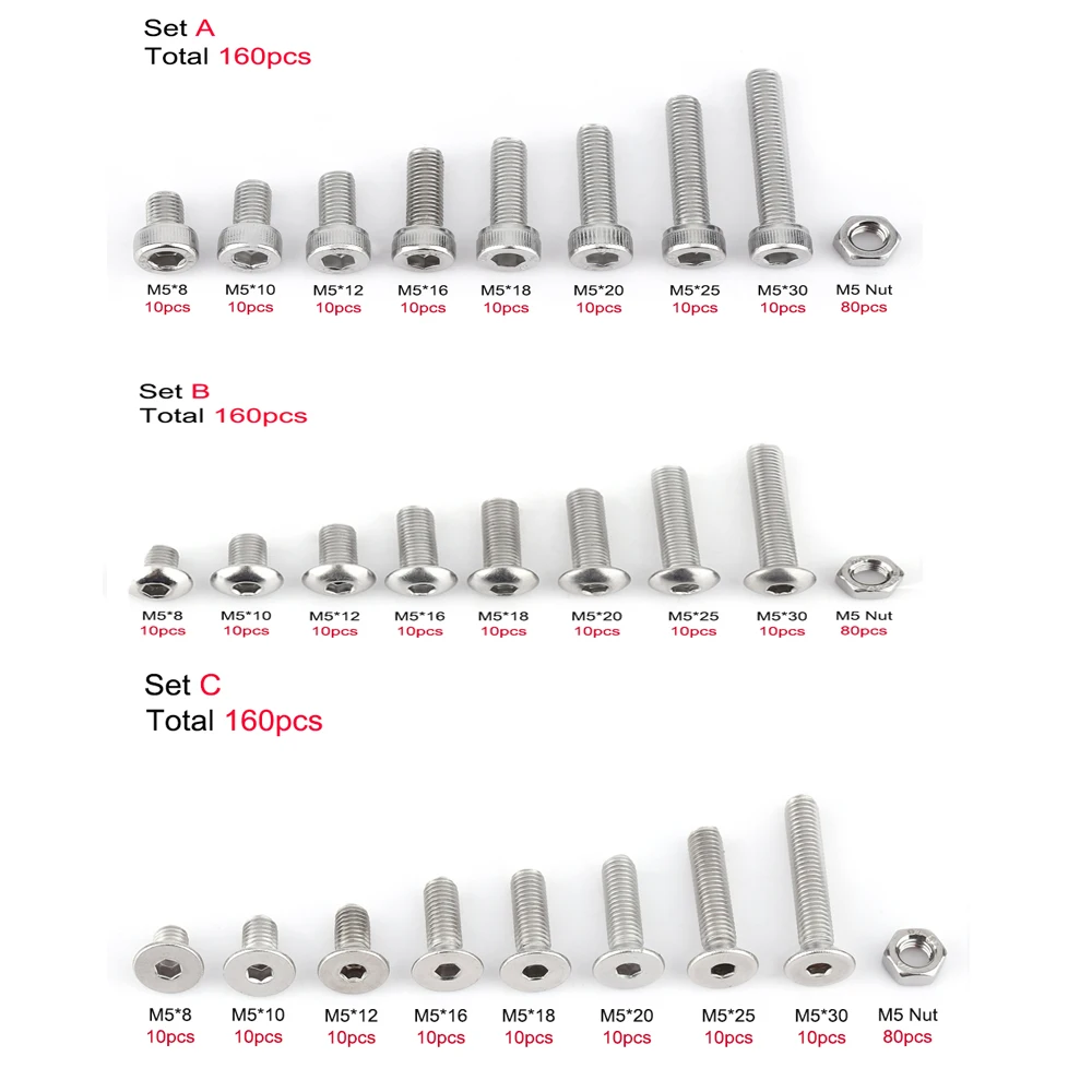 160pcs/set M5*8/18 Screws Bolts and Nuts Stainless Steel Hex Socke Screw Hex Nut Assortment Kit Fastener Hardware Cap Flat Head
160pcs/set M5*8/18 Screws Bolts and Nuts Stainless Steel Hex Socke Screw Hex Nut Assortment Kit Fastener Hardware Cap Flat Head