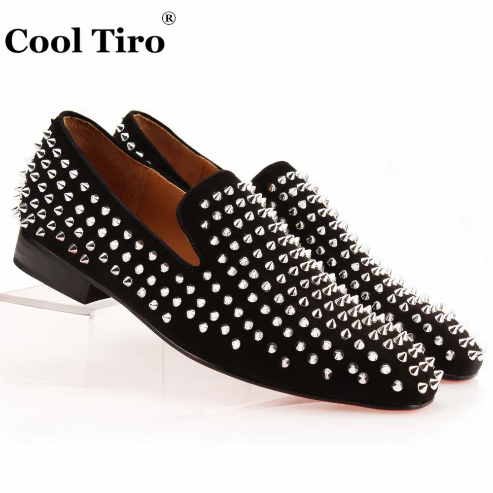 

COOL TIRO Studded Spikes Men Loafers Genuine Leather Silver Spiked Slippers Party Wedding Black Suede Dress Shoes Men's Flats