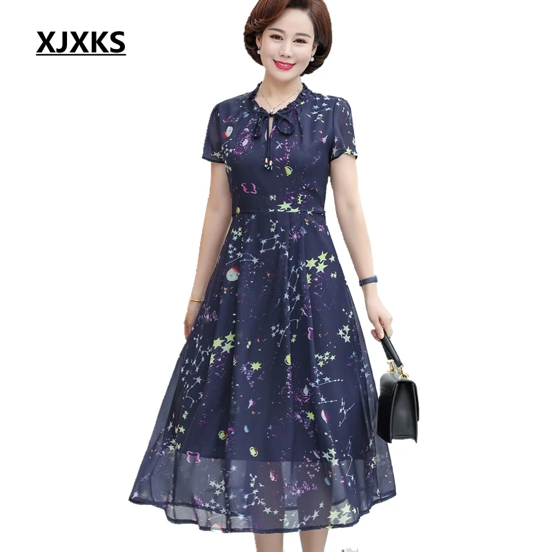 XJXKS New 2019 Summer Medium-long Short-sleeve Dress Summer Beach Dress Plus Size Middle-aged Women Vestidos Chiffon Dresses
XJXKS New 2019 Summer Medium-long Short-sleeve Dress Summer Beach Dress Plus Size Middle-aged Women Vestidos Chiffon Dresses