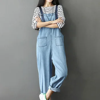 

Fashion Women Denim Jumpsuit Ladies Loose Jeans Rompers Female Preppy style Plus Size Denim Overall Playsuit With Pocket