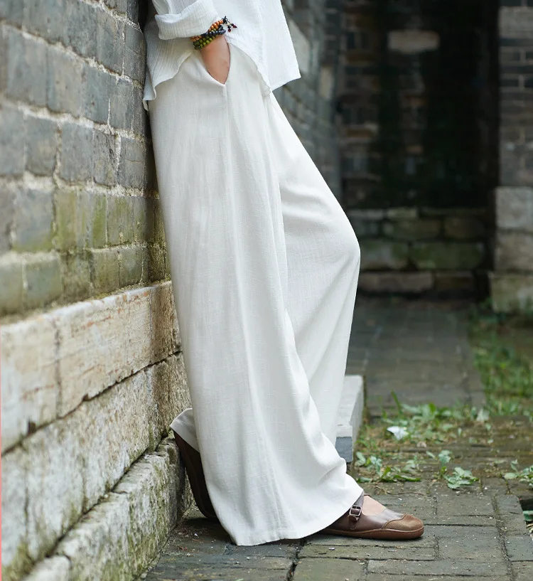 LZJN 2019 Spring Summer Culottes Pants Vintage Cotton Linen Pants Loose Full Length Trousers Women Wide Leg Pants White 3 Colors (24)
