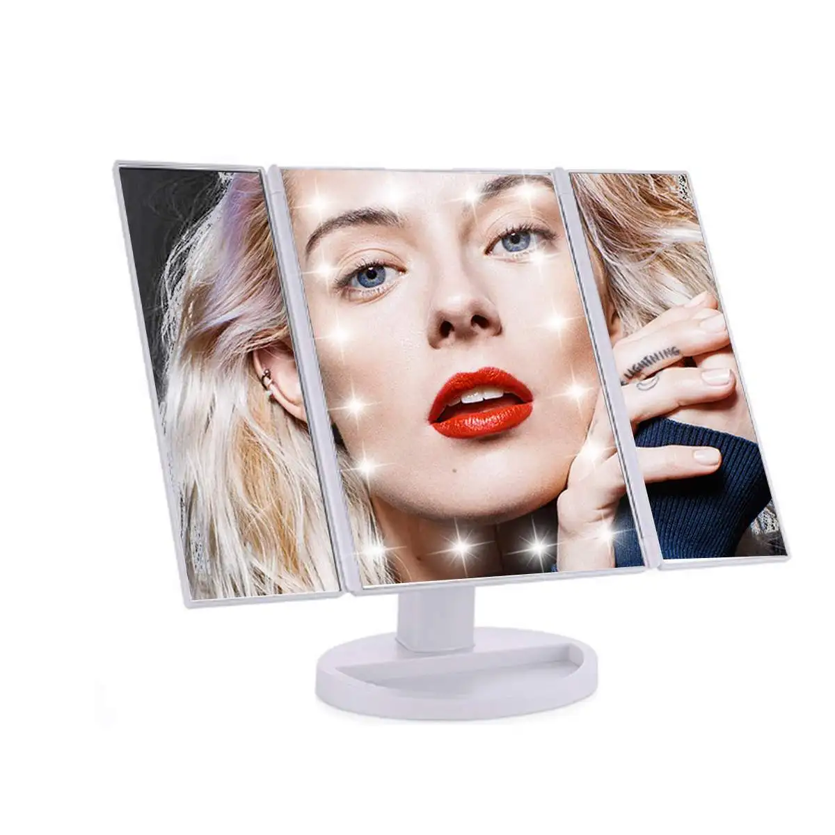 

22 LED Light Desktop Makeup Mirror Table Makeup 1X/5X/10X Magnifying Mirrors 3 Folding Adjustable Tabletop Cosmetic Mirror White