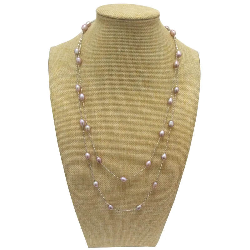

47 inches 7-8mm Natural Lavender Rice Pearls Long Chain Tin Cup Necklace