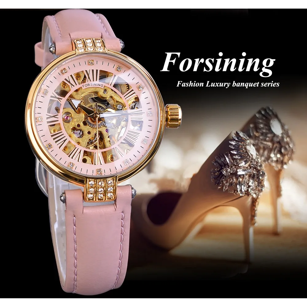 Часы наручные Forsining женские механические прозрачные брендовые Роскошные