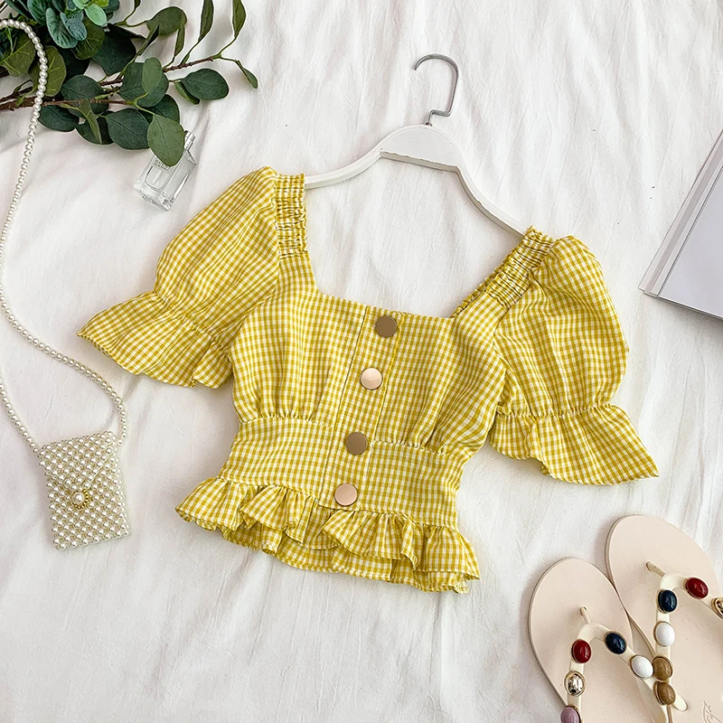 2019 new fashion women's blouse shirt Short Sleeve Fresh Plaid College style Square Puff Sleeve Single-breasted Short Shirt G405
2019 new fashion women's blouse shirt Short Sleeve Fresh Plaid College style Square Puff Sleeve Single-breasted Short Shirt G405