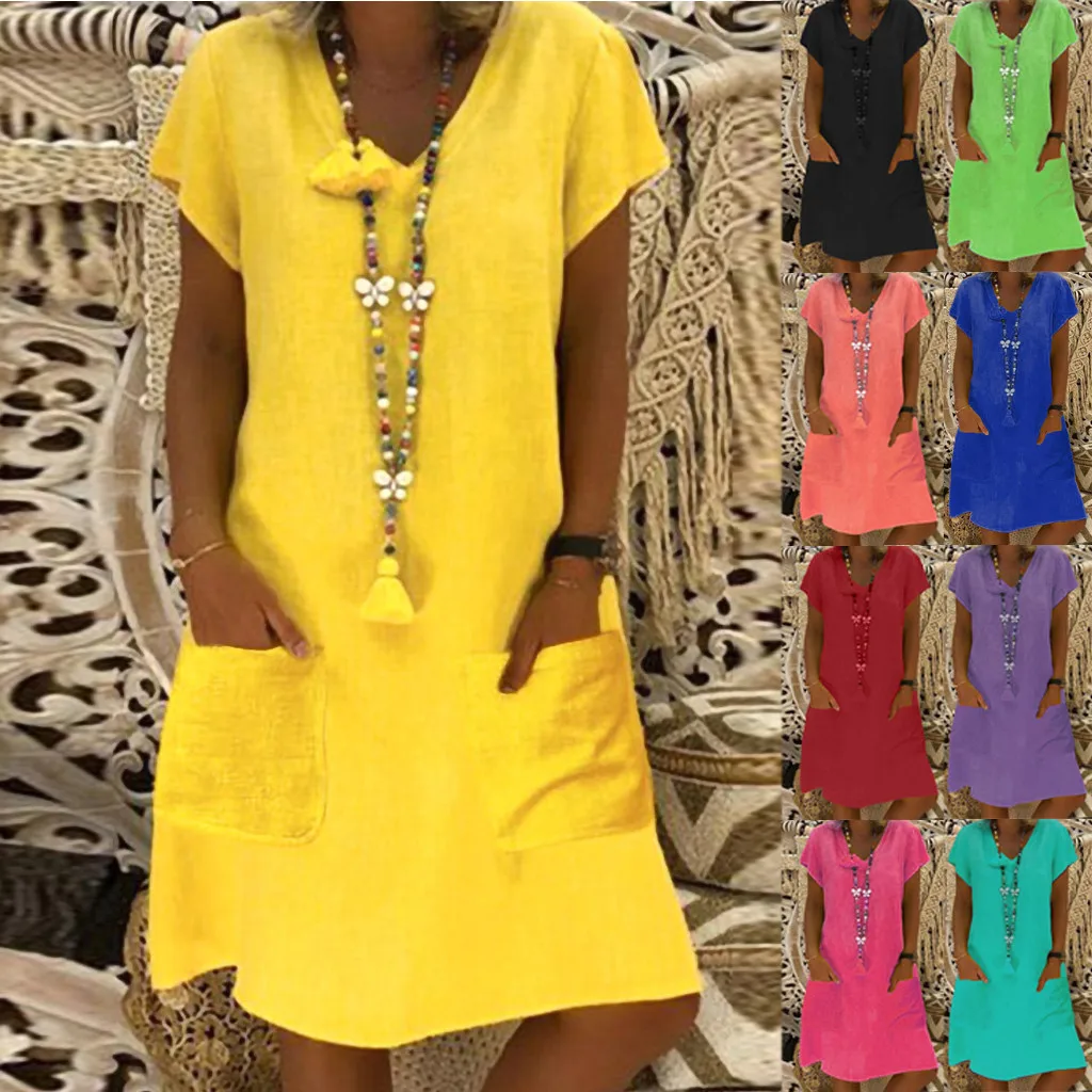 Plus Size Casual Pockets V-Neck Cotton and Linen Dress Women Summer Style Feminino Vestido Loose Beach Dress Casual Ladies Dress
Plus Size Casual Pockets V-Neck Cotton and Linen Dress Women Summer Style Feminino Vestido Loose Beach Dress Casual Ladies Dress