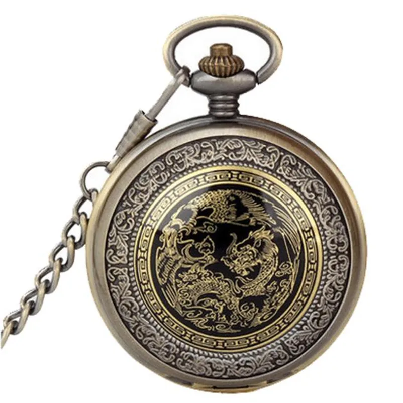 Pocket watch necklace Bronze Dragon Phoenix Quartz Pocket Watch Pendant Chain Necklace Erkek Kol Saati Dropshipping