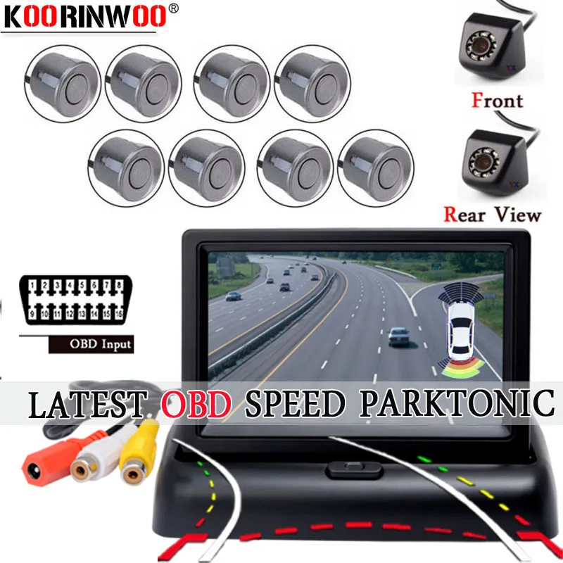 

Koorinwoo Video OBD Speed Car Parking Sensor 8 System Front Rear view Camera Dynamic Trajectory Line Night Vision Monitor Player