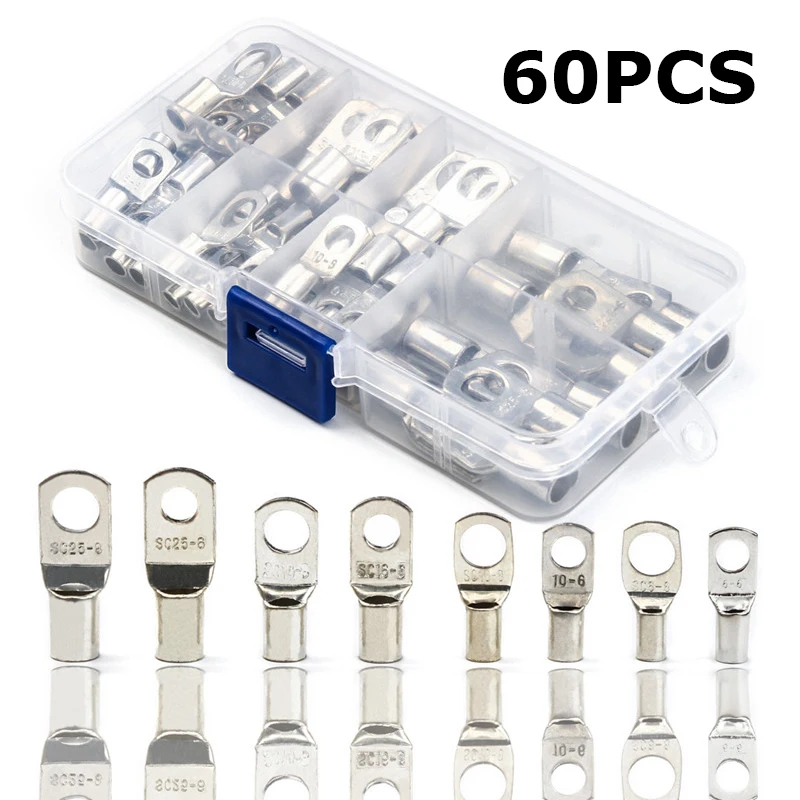 60PCS Bolt Hole Tinned Copper Cable Ring Lugs Battery Bare Terminals Set SC Copper Nose Crimper Wire Connector Assorted Kit
60PCS Bolt Hole Tinned Copper Cable Ring Lugs Battery Bare Terminals Set SC Copper Nose Crimper Wire Connector Assorted Kit