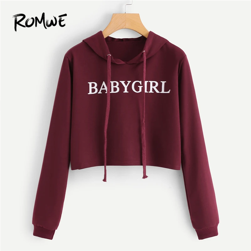 

ROMWE Women Autumn Cute Hoodies Slogan Print Crop Top Sweatshirt Casual Burgundy Cloth Ladies Pullovers Drawstring Sweatshirts