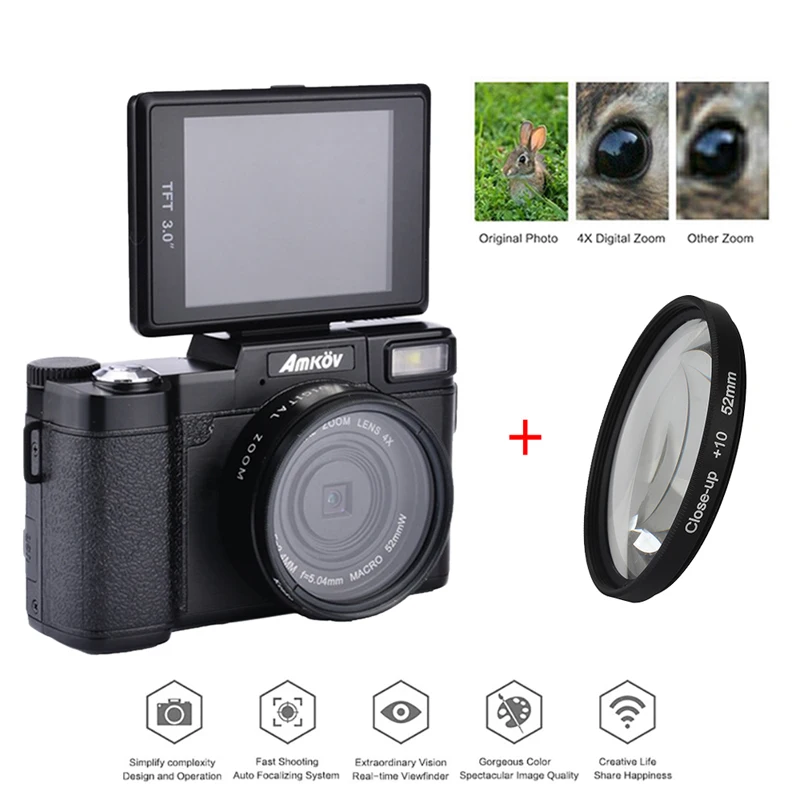 AMKOV 1080P AMK-R2 24MP HD Digital SLR Camera Camcorder+Macro Lens Recording 4x Zoom 3.0" TFT