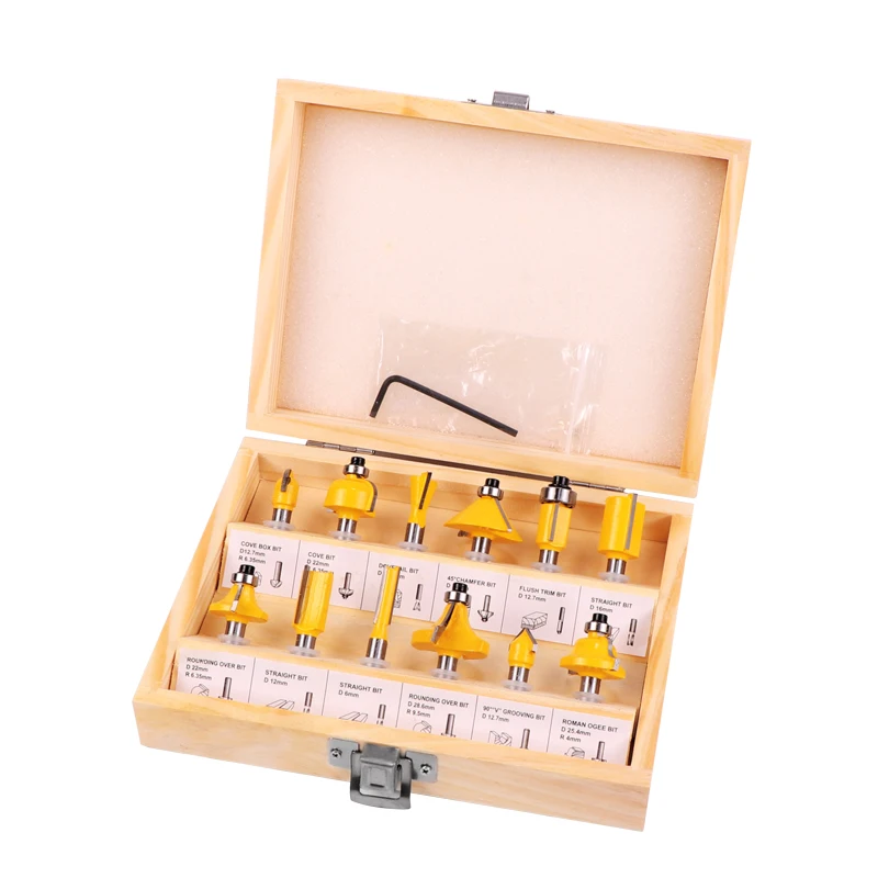New Arrival 1/4'' Shank Carbide Router Bit Set with Wooden Box For Woodworking Cutter Tool 12pcs/set
New Arrival 1/4'' Shank Carbide Router Bit Set with Wooden Box For Woodworking Cutter Tool 12pcs/set