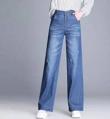 Широкие брюки для женщин повседневные джинсы из денима синий хлопок Высокая