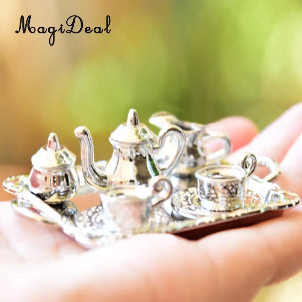 10Pcs Silver Alloy Tea Lid Pot Cups Tray Set for 1:12 Dollhouse Miniature Doll Home House Model Furniture Decor Accs