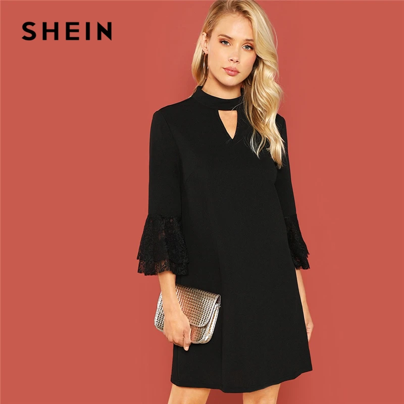 SHEIN Black Office Lady Solid Cut Out Front Eyelash Lace Trim Stand Neck 3/4 Sleeve Dress Autumn Elegant Workwear Women Dresses
SHEIN Black Office Lady Solid Cut Out Front Eyelash Lace Trim Stand Neck 3/4 Sleeve Dress Autumn Elegant Workwear Women Dresses