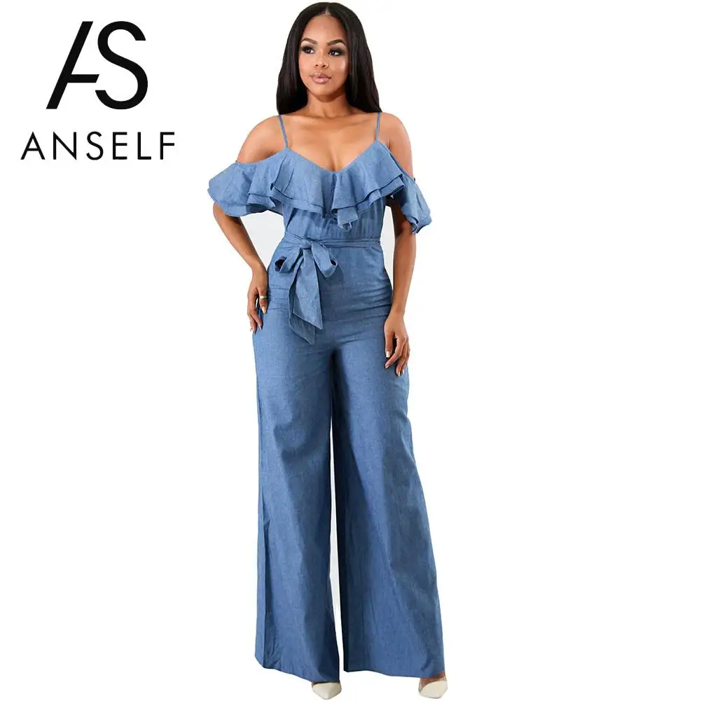 Anself Sexy Women Ruffles Cold Shoulder Jumpsuit Sashes Zipper Wide Leg Pants Suspender Rompers One Piece Blue Combinaison Femme
Anself Sexy Women Ruffles Cold Shoulder Jumpsuit Sashes Zipper Wide Leg Pants Suspender Rompers One Piece Blue Combinaison Femme