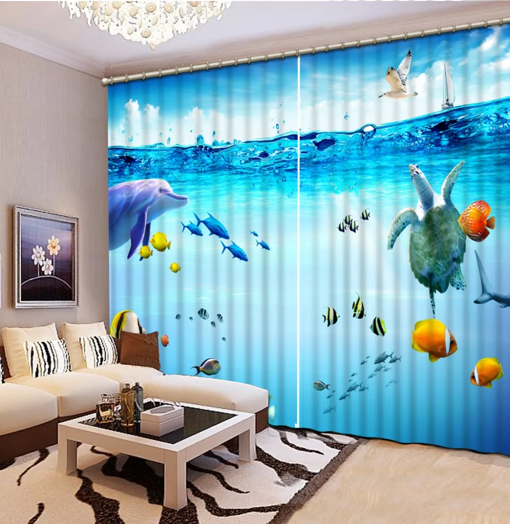 

Curtains Living Room 3D Bathroom Shower Curtain Curtains Bedroom Undersea Dolphins Sea Turtle Fish Custom Any Size 3D Curtain