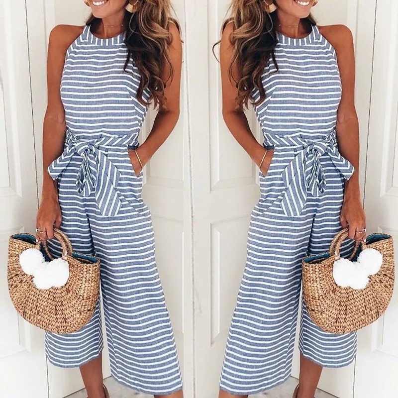 Elegant Sexy Jumpsuits Women Sleeveless Striped Jumpsuit Loose Trousers Wide Leg Pants Rompers Holiday Belted Leotard Overalls
Elegant Sexy Jumpsuits Women Sleeveless Striped Jumpsuit Loose Trousers Wide Leg Pants Rompers Holiday Belted Leotard Overalls