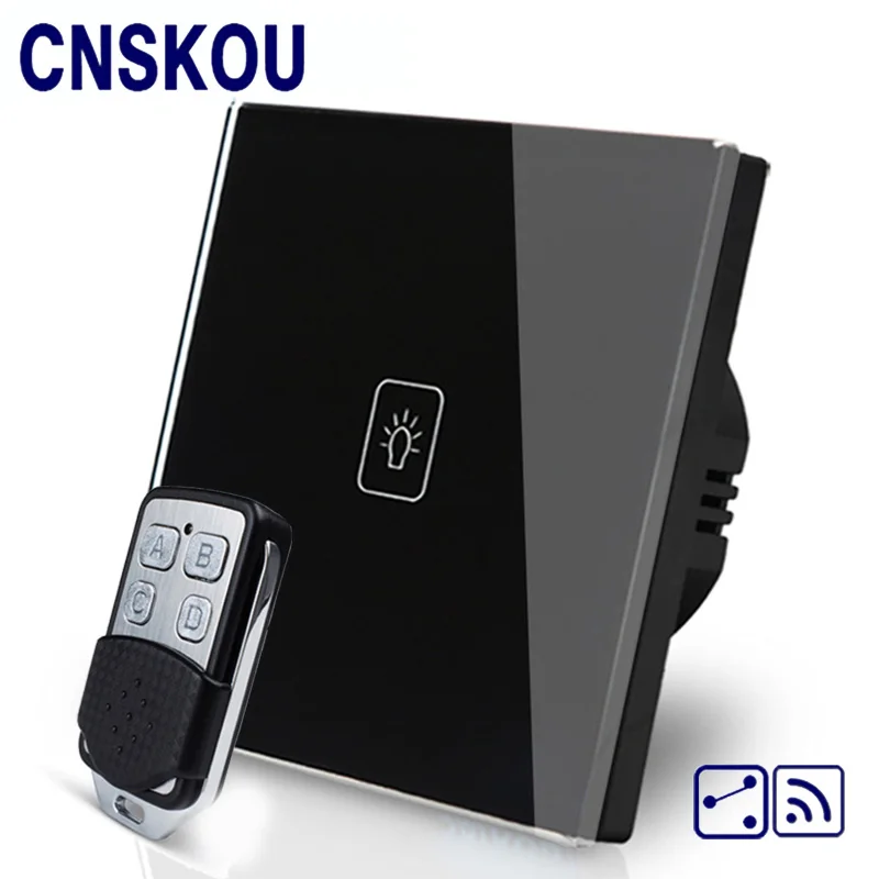 

CNSKOU EU Standard 1 Gang 2 Way AC220~250V Smart Home RF 433MHZ Remote Control Glass Panel Illuminated Led Touch Light Switch