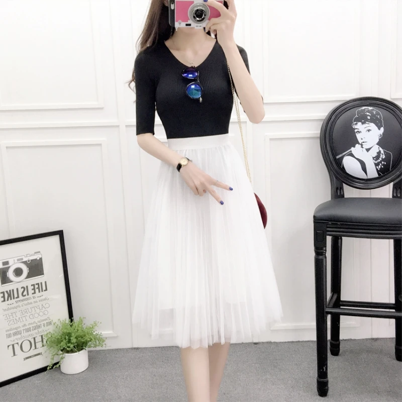 Image Fashion Tulle Skirts Womens Black Gray White Adult Tulle Skirt Elastic High Waist Pleated Midi Skirt