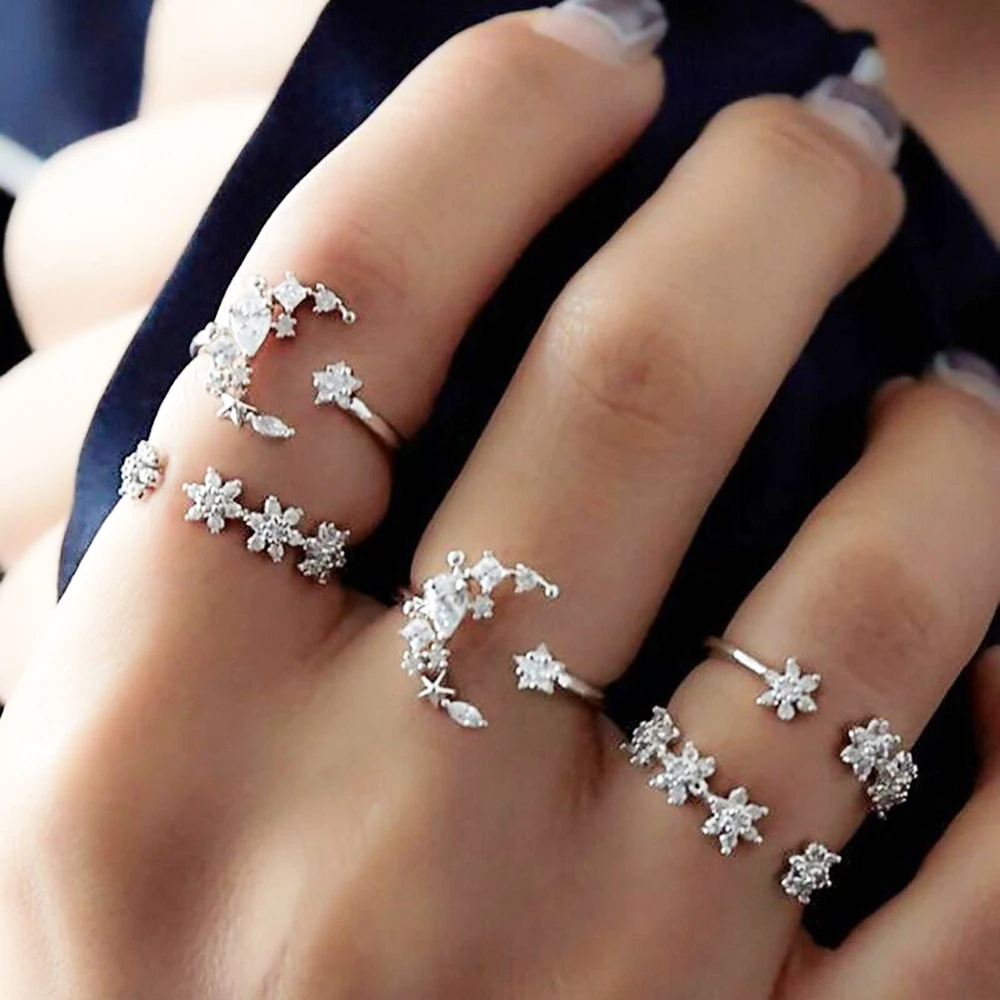 Moon and Star 5pcs Ring Set Jewelry Bohemia Vintage Silver Plated Crystal Flower Leaf Rings for Women Fashion Jewelry Gifts
Moon and Star 5pcs Ring Set Jewelry Bohemia Vintage Silver Plated Crystal Flower Leaf Rings for Women Fashion Jewelry Gifts