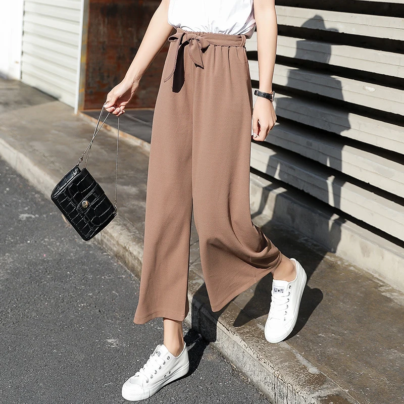 

AECU Women Pantalones Tie Wide Leg Solid Color Pant Female High Waist Thin Chiffon Plus Size Casual Ladies Culottes Trousers