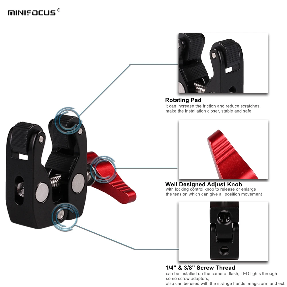 MINIFOCUS Clip Super Clamp w/ 1/4" & 3/8" Mount for DSLR Rig LCD Monitor Studio Light Camera Gimbal Magic Arm Photo Studio
MINIFOCUS Clip Super Clamp w/ 1/4" & 3/8" Mount for DSLR Rig LCD Monitor Studio Light Camera Gimbal Magic Arm Photo Studio