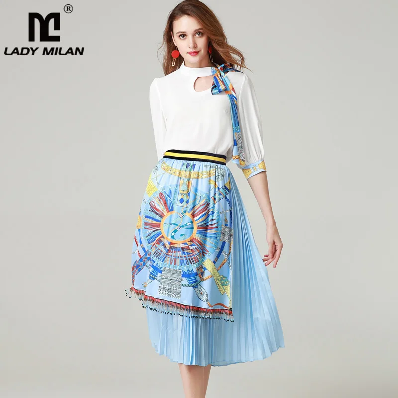 2019 Women's Runway Twinsets Bow Collar 3/4 Sleeves Blouse with Printed Striped Tassels Skirts Fashion Two Piece Dresses Sets
2019 Women's Runway Twinsets Bow Collar 3/4 Sleeves Blouse with Printed Striped Tassels Skirts Fashion Two Piece Dresses Sets