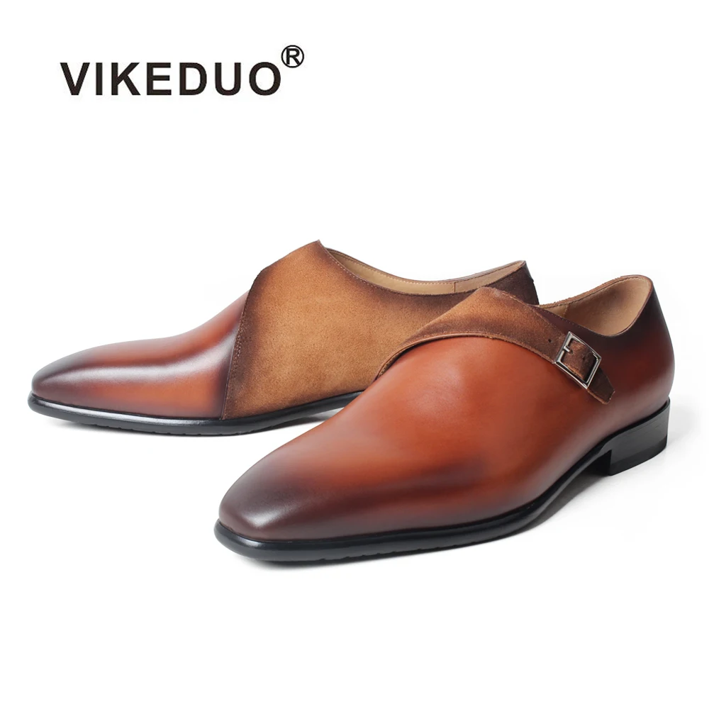 

VIKEDUO Fashion Men's Genuine Leather Shoes Handmade Patchwork Square Wedding Shoes Brown Formal Mans Footwear Patina Zapatos